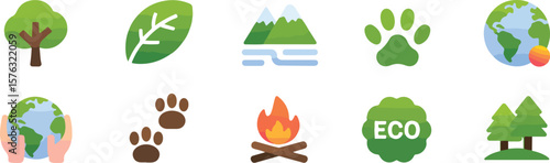 Nature conservation symbols including trees paw prints earth and campfire leaf mountains vector png isolated on white clipping path cutout background, bundle set 2025, 2026 download