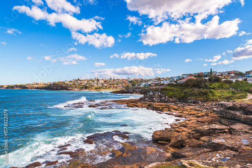 Photography Tamarama coastal view with walking trail along the shoreline in Sydney, Australi