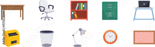 Office furniture and supplies collection desk chair vector png isolated on white clipping path cutout background, bundle set 2025, 2026 download