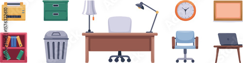 Office supplies and furniture arranged on a white background desk chair vector png isolated on white clipping path cutout background, bundle set 2025, 2026 download