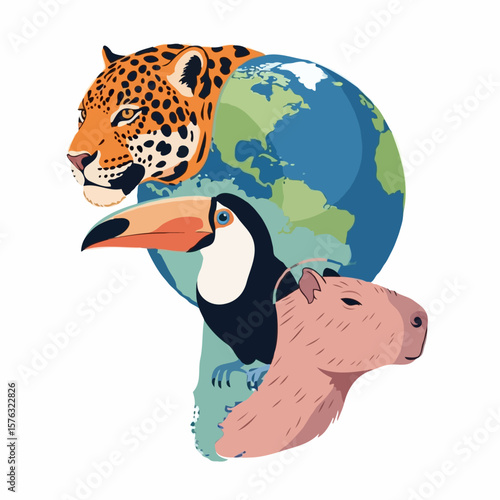 A vibrant depiction of iconic Amazonian fauna, featuring a big cat, a colorful bird, and a rodent, set against the planet Earth, emphasizing ecological awareness on a stark bright canvas.