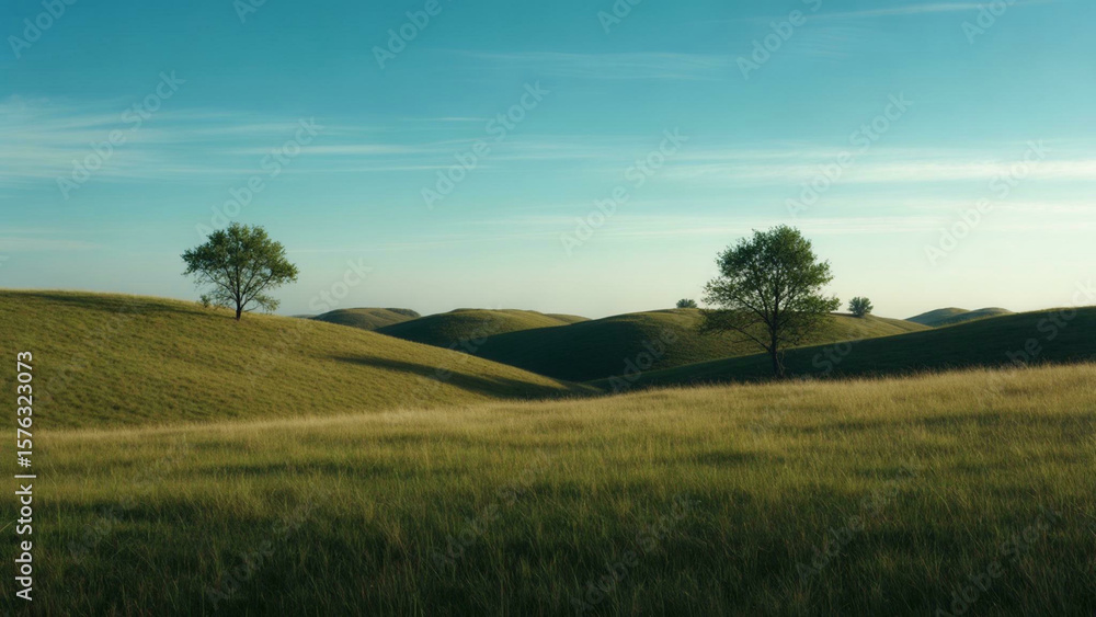 Obraz premium Endless Green Grass Landscape under Blue Sky