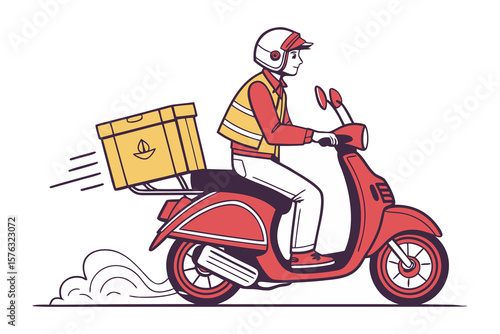 Speedy Delivery: A cheerful delivery person zips down the road on a vibrant red scooter, his precious cargo securely strapped in the back, ready to bring a smile to the awaiting customer. 