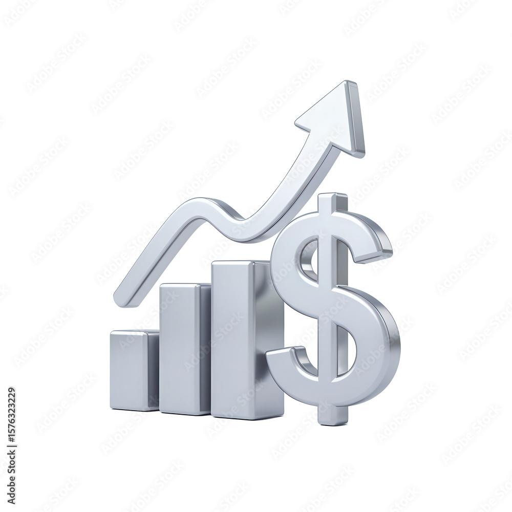 Silver 3d dollar sign and upward trend arrow over bar chart isolated on transparent background Silver 3d dollar sign and upward trend arrow over bar chart isolated on transparent background