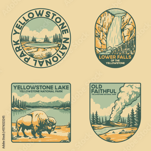 Special bundle Yellowstone national park vintage hand draw illustration for badge and merchandise design