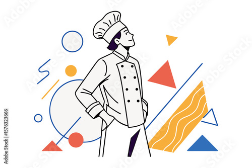 Culinary Visionary: A poised chef envisions future endeavors amidst a clean and modern environment, full of dynamic and colorful abstract elements.