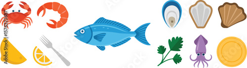 Orange crab red shrimp blue fish purple squid green parsley yellow lemon slice and plate with fork and shells vector png isolated on white clipping path cutout background, bundle set 2025, 2026 downlo