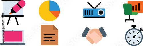 Presentation board marker pie chart projector office chair laptop document handshake stopwatch whiteboard vector png isolated on white clipping path cutout background, bundle set 2025, 2026 download