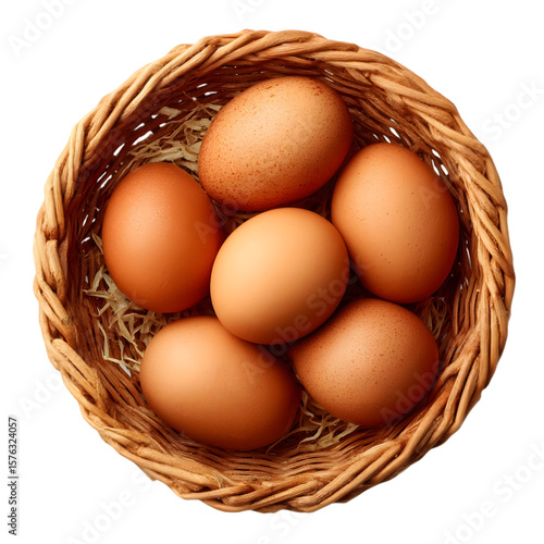 Wallpaper Mural Fresh Eggs in Rustic Basket: Overhead shot of a basket filled with freshly laid brown eggs, with a charming rustic appeal. The image is a celebration of culinary simplicity, healthy eating. Torontodigital.ca