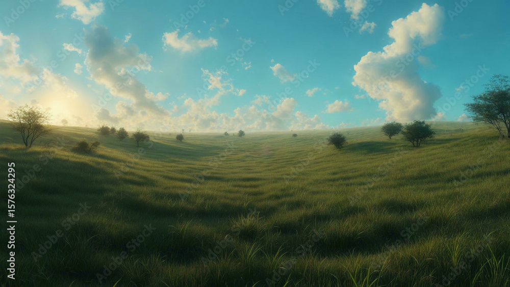 Obraz premium Endless Green Grass Landscape under Blue Sky