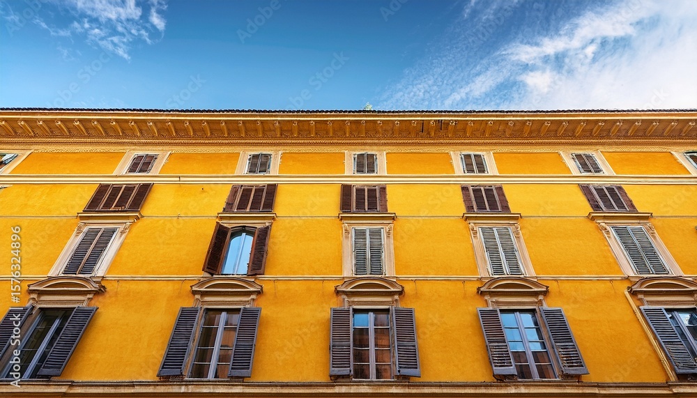 Fototapeta premium old yellow facade of house with beautiful vintage windows in retro italian european style side facade of and old palace in europe