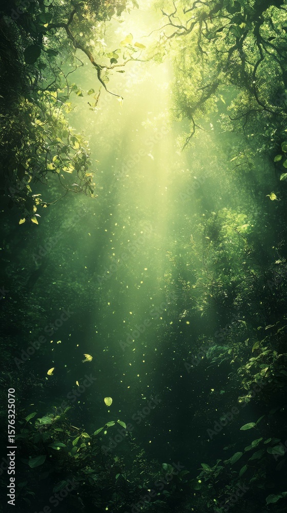 Obraz premium Sun Rays Streaming Through Lush Green Forest Canopy