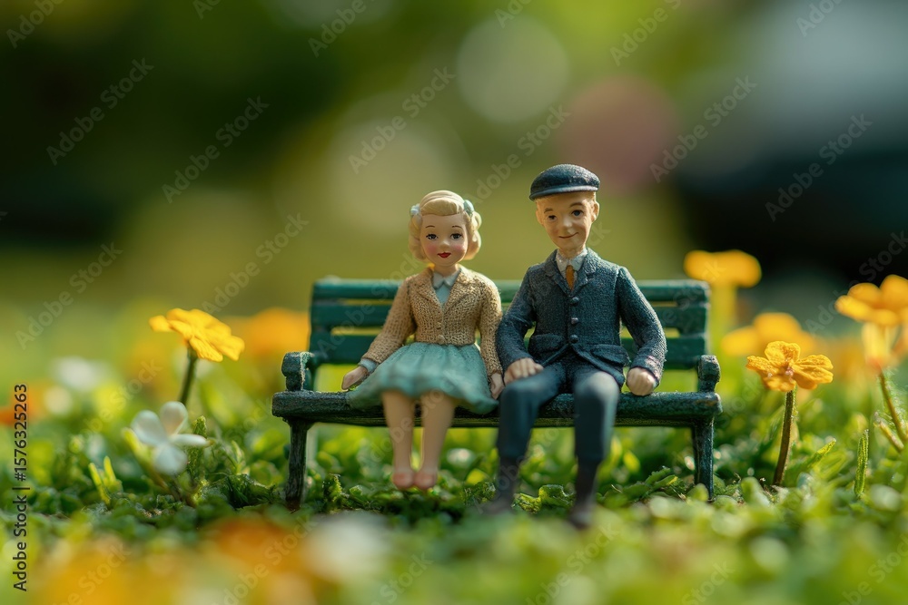 Fototapeta premium A miniature couple sits on a park bench, surrounded by yellow flowers in a sunny garden.