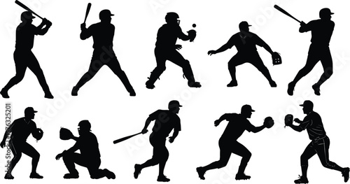 High-Quality Baseball Player Silhouettes, Multiple Positions and Actions, Batters, Catchers, Pitchers, Sport Event, Graphic Resources.