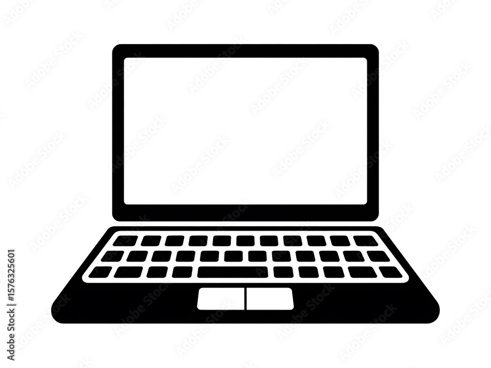 Simple black silhouette of an open laptop computer with a blank white screen Simple black silhouette of an open laptop computer with a blank white screen