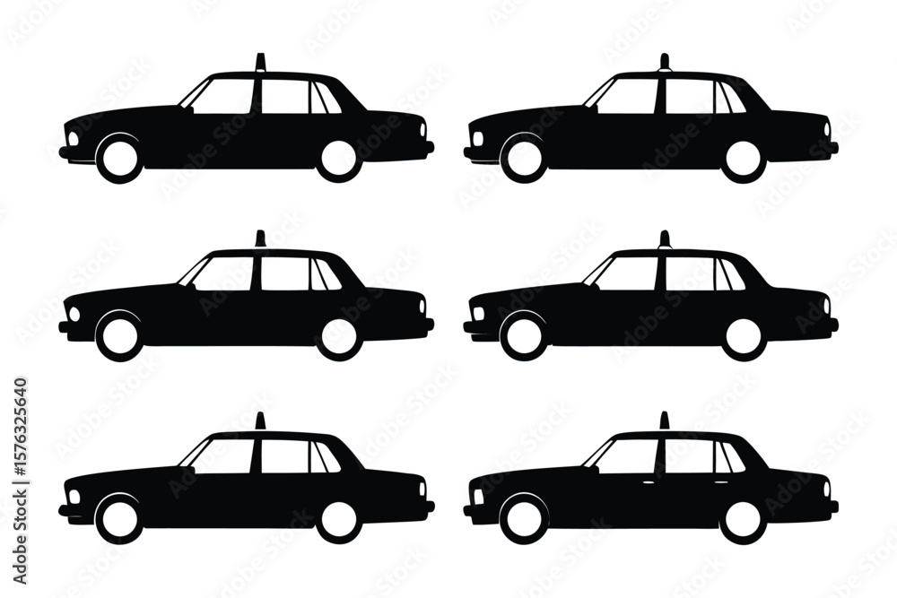 Naklejka premium Silhouette of Taxi: A collection of classic black taxi silhouettes, perfect for illustrating urban transportation and city life, showcasing simple lines.