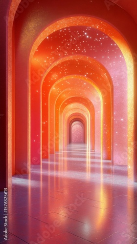 Walking Through Arches with Glowing Stars and Reflections