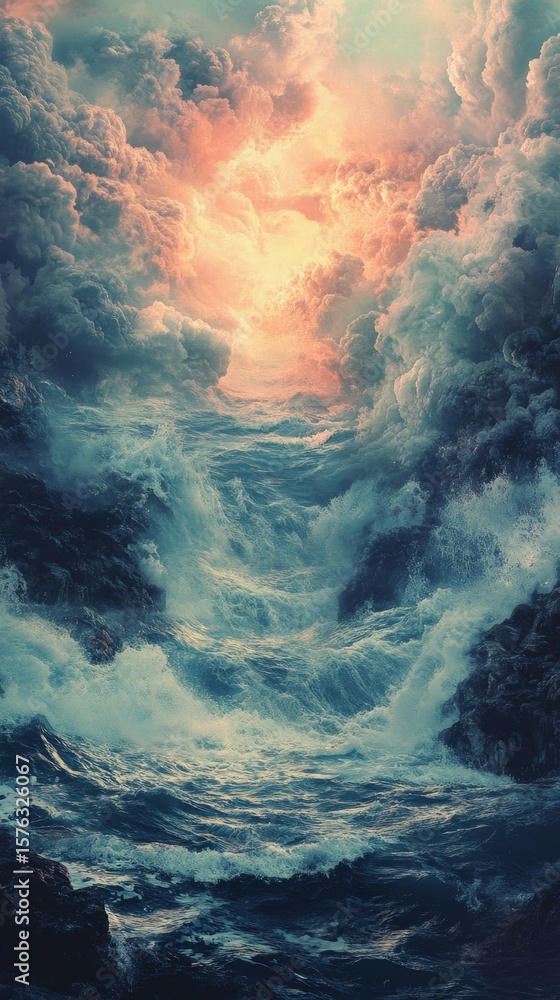 Fototapeta premium Ocean Waves Crashing on Rocks Under Dramatic Cloudy Sky