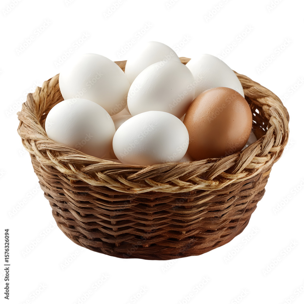 Basket of Fresh Eggs: A collection of fresh eggs, nestled within a rustic woven basket, signifying the essence of natural, wholesome nourishment and culinary potential. Basket of Fresh Eggs: A collection of fresh eggs, nestled within a rustic woven basket, signifying the essence of natural, wholesome nourishment and culinary potential.