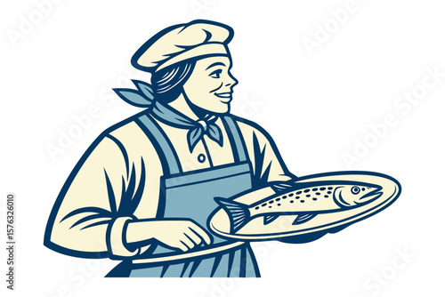 Chef with Fish: A cheerful chef, apron-clad and beaming, presents a freshly prepared fish dish on a plate, ready for culinary delight and gastronomic pleasure.