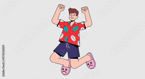 Joyful Jump Man in Hawaiian Shirt Celebrates with Upraised Arms.