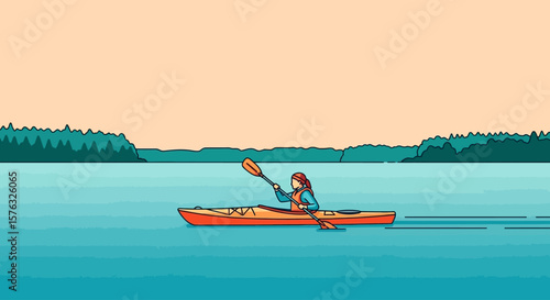 Serene Kayaker on a Calm Lake Vivid Line Art.