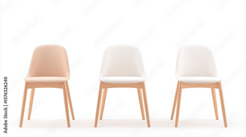 Obraz premium Living room Minimalist Furniture Set of minimalist dining chairs with wooden frames and upholstered seats, neutral colors, white background