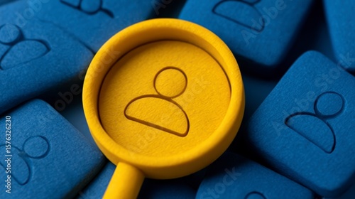 Yellow magnifying glass focusing on a person icon among many symbolizing recruitment and job search on blue background. Finding ideal candidate a visual guide to effective talent