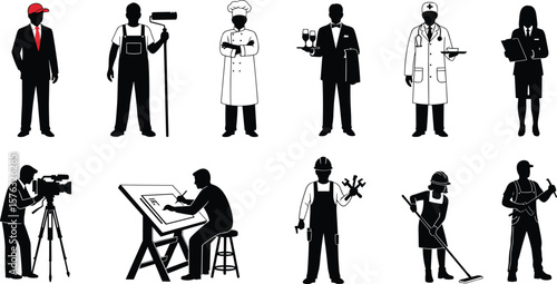 Businessman, painter, chef, waiter, doctor, cleaner, cameraman, architect, mechanic, construction worker, diverse job roles, career paths, occupational variety.