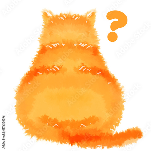 Watercolor illustration of an orange cat with a question mark above its head, viewed from behind.