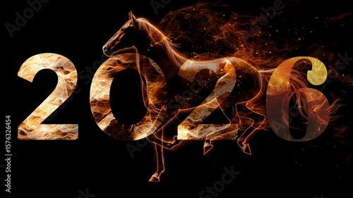firely 2026 sign and chinese horse running and burning isolated over black background with golden flames; concept of new lunar year greeting card with copy space	