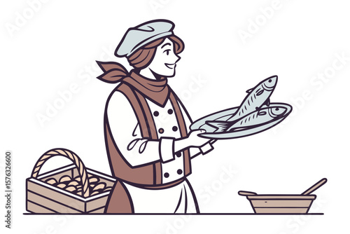 Chef's Delight: A skilled chef holds a plate of freshly prepared fish, embodying culinary skill and gastronomic pleasure in a professional kitchen setting.