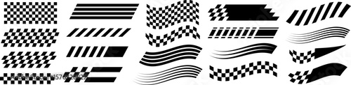 Racing stripes and checkered flags vector set. Dynamic black shapes for speed, automotive graphics, car decals, motorsport branding, and motion design themes. Vector EPS 10