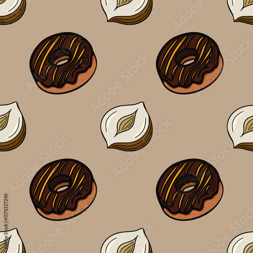 Seamless vector pattern featuring delicious chocolate glazed donuts with caramel stripes and halved hazelnuts on a muted taupe background, creating a sweet and nutty autumnal design.