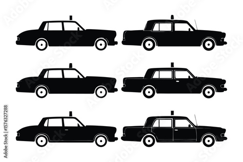 Taxi Silhouette Array: A meticulously crafted array of taxi silhouettes, each displaying distinct design nuances, providing a comprehensive visual representation of transportation vehicles.