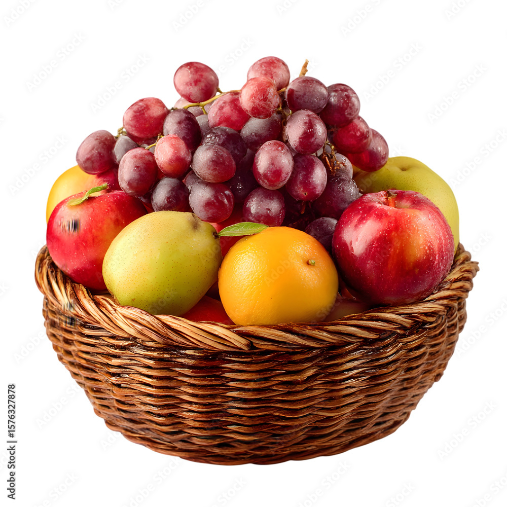 Basket of Abundance: A vibrant assortment of ripe red apples, juicy grapes, and other fresh fruits spilling out of a rustic wicker basket, evoking feelings of natural goodness and abundance. Basket of Abundance: A vibrant assortment of ripe red apples, juicy grapes, and other fresh fruits spilling out of a rustic wicker basket, evoking feelings of natural goodness and abundance.