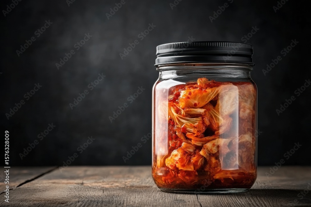 Glass jar preserving fermented kimchi on rustic wooden table Glass jar preserving fermented kimchi on rustic wooden table
