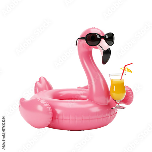 3D Inflatable flamingo with sunglasses and drink isolated on white background 