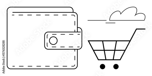 Wallet next to a shopping cart with a cloud element, symbolizing e-commerce, digital payments, online retail, finance management, technology, shopping convenience, and cloud storage. Ideal for simple