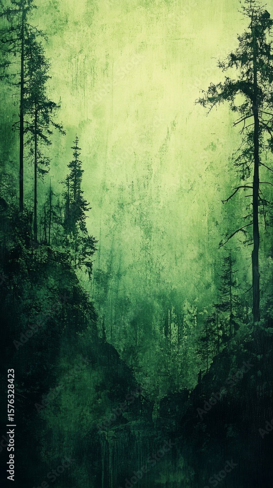 Naklejka premium Exploring Misty Forest with Tall Trees in Green Tones