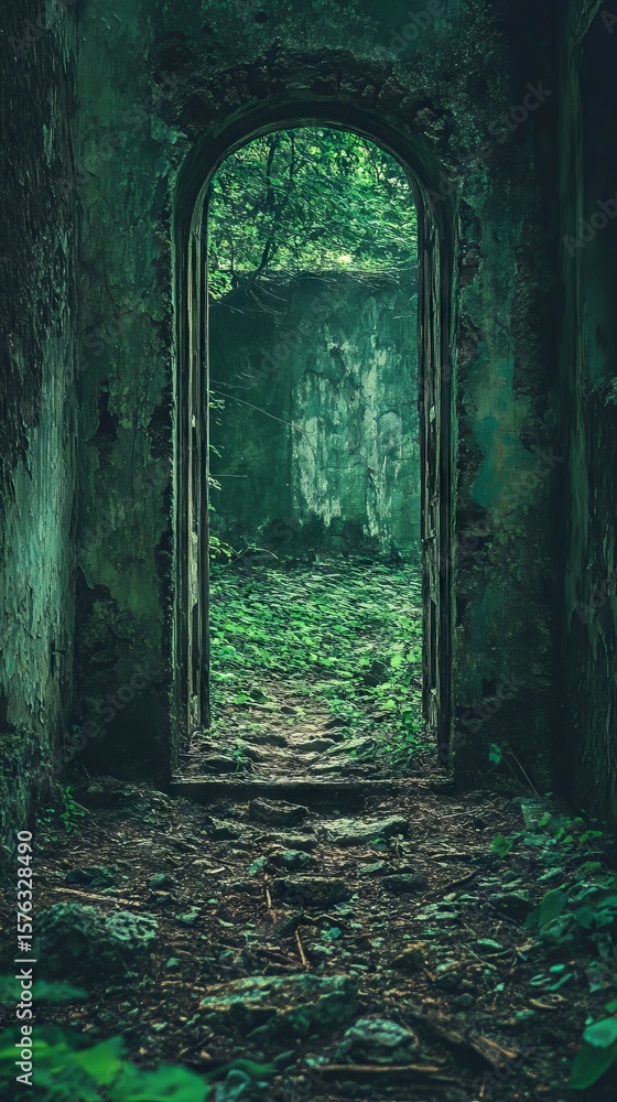 Obraz premium Mysterious Archway Leading to Lush Green Foliage in Abandoned Building