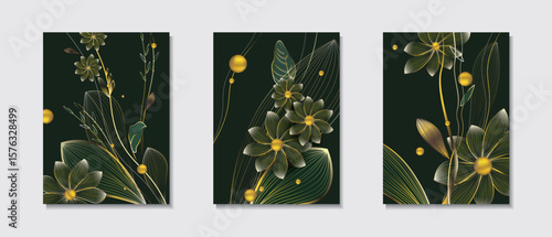 Plant pattern with leaves, flowers and wavy leaves in green and gold colors on a black background - paintings set. Luxury modern artistic wallpaper. Vector illustration for wall design, card, cover.