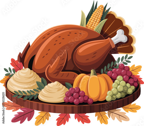 Delicious roasted turkey dinner with mashed potatoes pumpkin grapes and corn