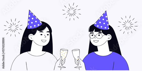 Festive party graphic depicting two women celebrating with drinks, suitable for greeting cards, invitations, and social media posts.
