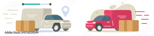 Fast order deliver car flat cartoon vector, quick express delivery shipping auto vehicle isolated, parcel cargo freight courier pick up illustration set, commercial small mini van automobile image 