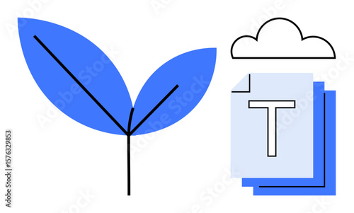 Blue leaf symbolizing growth, cloud for online tools, and layered pages for content sharing. Ideal for eco-friendly business, productivity, digital storage, file sharing, innovation, publishing