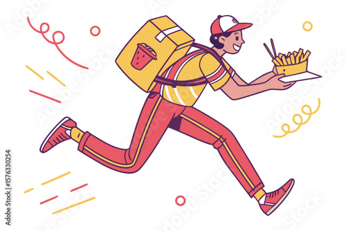 Swift Meal Delivery: An illustrated courier dashes forward, efficiently transporting a fresh order of fast food and a delivery bag