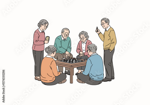 Line Art Group Senior Adult Playing Go Game on Table Illustration