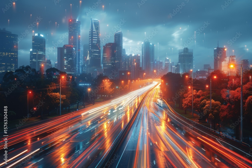 Fototapeta premium City skyline featuring rain, glowing lights, and busy traffic during twilight in a vibrant urban setting