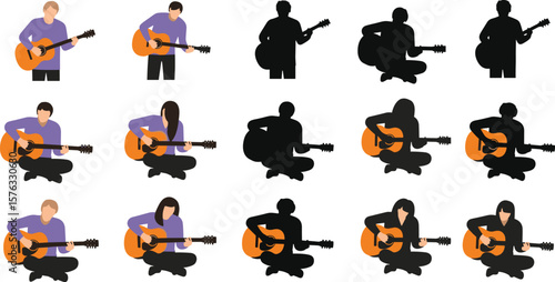Diverse guitar players, acoustic music performance, male and female musicians, standing, sitting, playing, practicing, isolated vector illustrations, musical hobby.